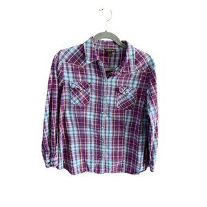 Bit and Bridle Womens Size XL Purple Plaid Flannel Button Up Pearl Snap Shirt To